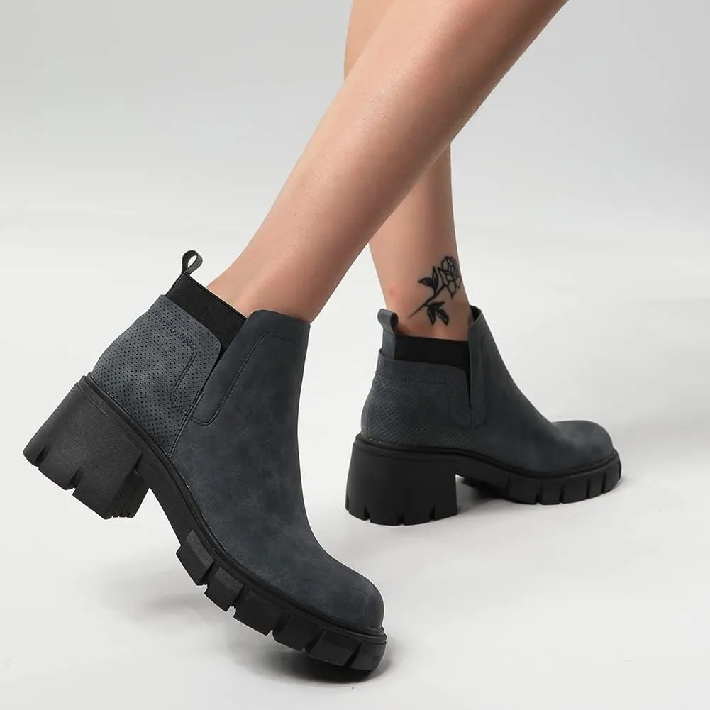Tscoyuki Women's Chelsea Lug Sole Ankle & Bootie, Retro Round Toe Slip on Mid Chunky Heels Combat Ankle Boots for Women