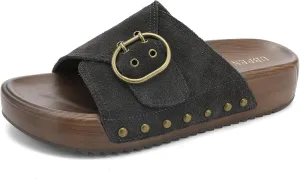 UBFEN Womens Platform Sandals Slides Genuine Leather Adjustable Buckle and Cushion Footbed Comfortable Slip On Retro Shoes