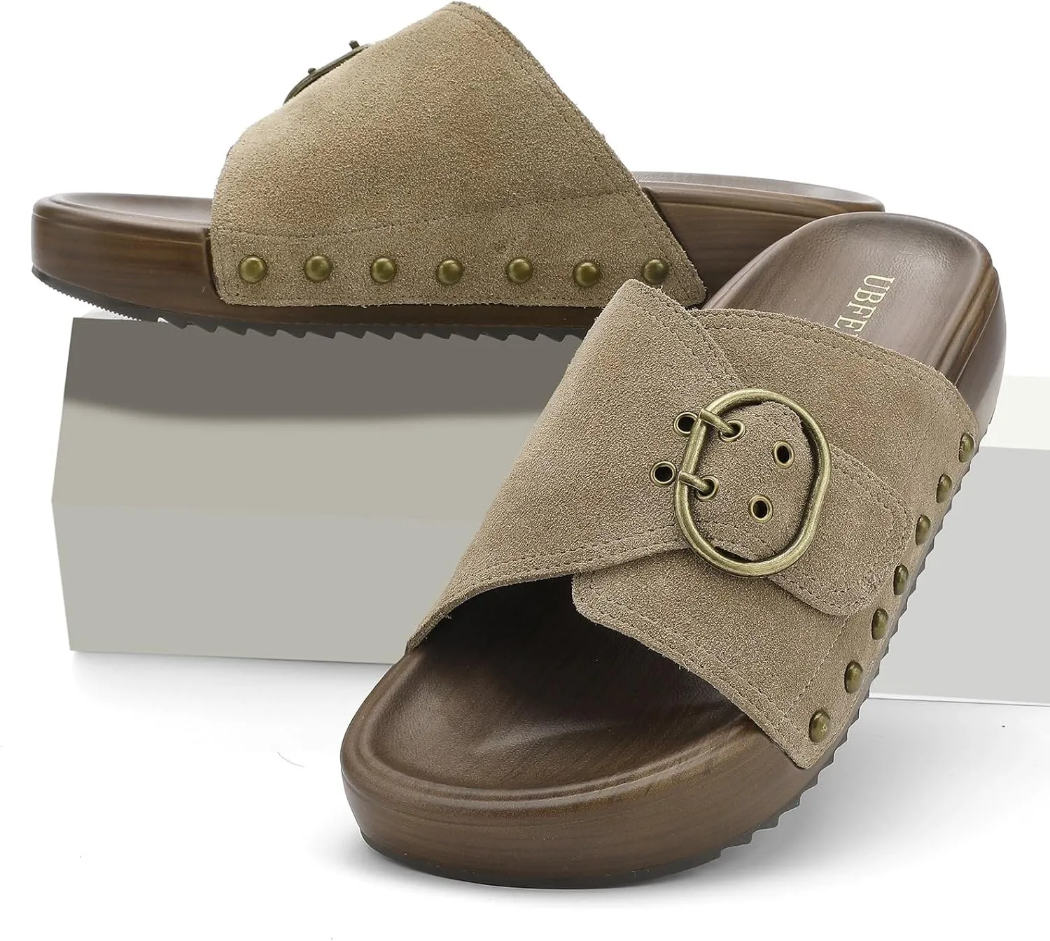 UBFEN Womens Platform Sandals Slides Genuine Leather Adjustable Buckle and Cushion Footbed Comfortable Slip On Retro Shoes