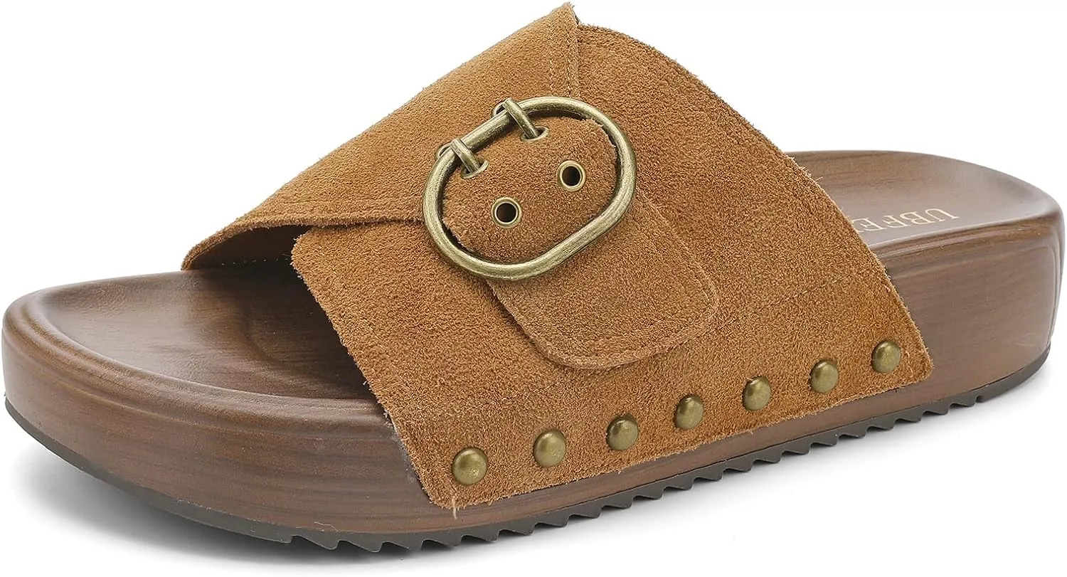 UBFEN Womens Platform Sandals Slides Genuine Leather Adjustable Buckle and Cushion Footbed Comfortable Slip On Retro Shoes