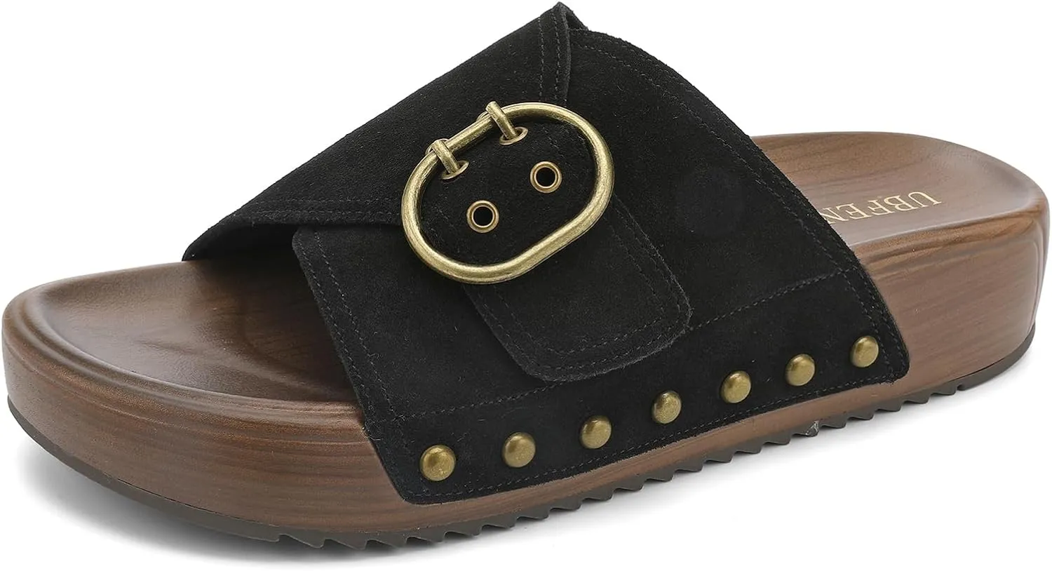 UBFEN Womens Platform Sandals Slides Genuine Leather Adjustable Buckle and Cushion Footbed Comfortable Slip On Retro Shoes
