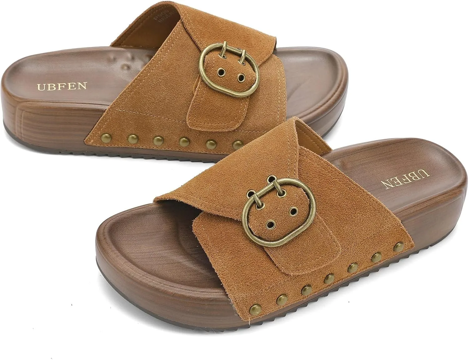 UBFEN Womens Platform Sandals Slides Genuine Leather Adjustable Buckle and Cushion Footbed Comfortable Slip On Retro Shoes