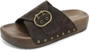 UBFEN Womens Platform Sandals Slides Genuine Leather Adjustable Buckle and Cushion Footbed Comfortable Slip On Retro Shoes