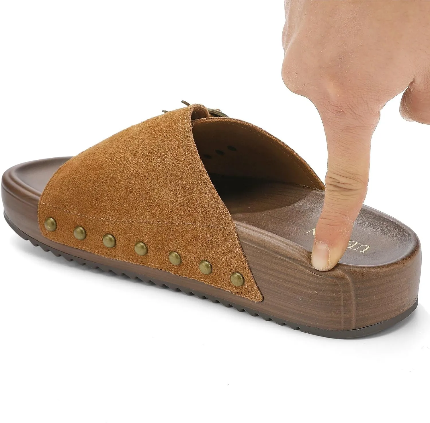 UBFEN Womens Platform Sandals Slides Genuine Leather Adjustable Buckle and Cushion Footbed Comfortable Slip On Retro Shoes