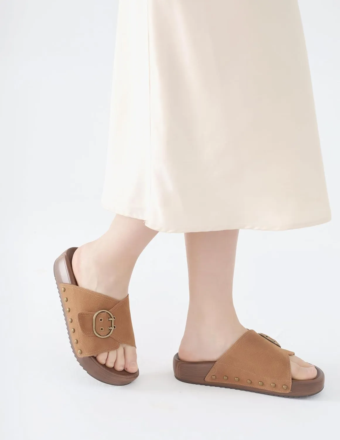 UBFEN Womens Platform Sandals Slides Genuine Leather Adjustable Buckle and Cushion Footbed Comfortable Slip On Retro Shoes