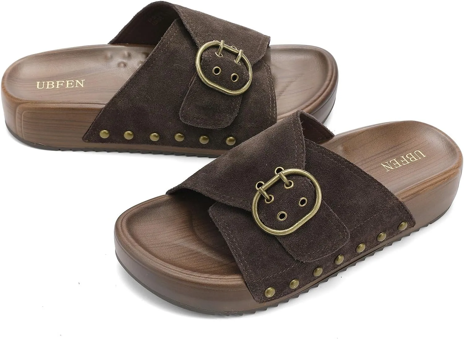 UBFEN Womens Platform Sandals Slides Genuine Leather Adjustable Buckle and Cushion Footbed Comfortable Slip On Retro Shoes
