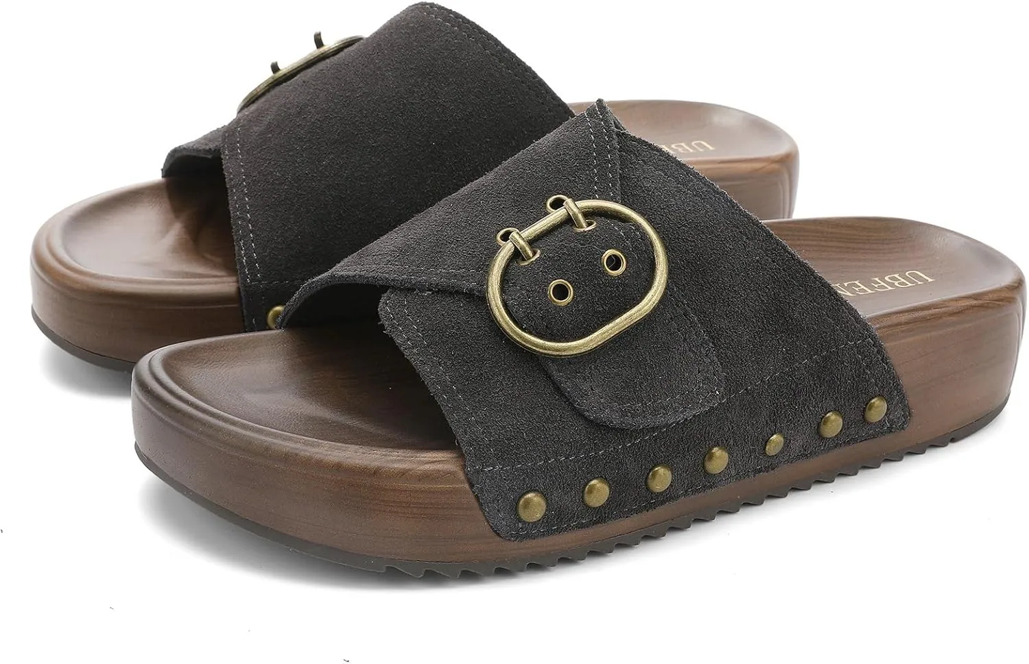 UBFEN Womens Platform Sandals Slides Genuine Leather Adjustable Buckle and Cushion Footbed Comfortable Slip On Retro Shoes