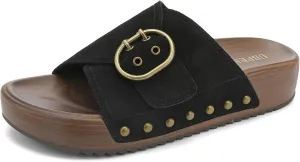 UBFEN Womens Platform Sandals Slides Genuine Leather Adjustable Buckle and Cushion Footbed Comfortable Slip On Retro Shoes