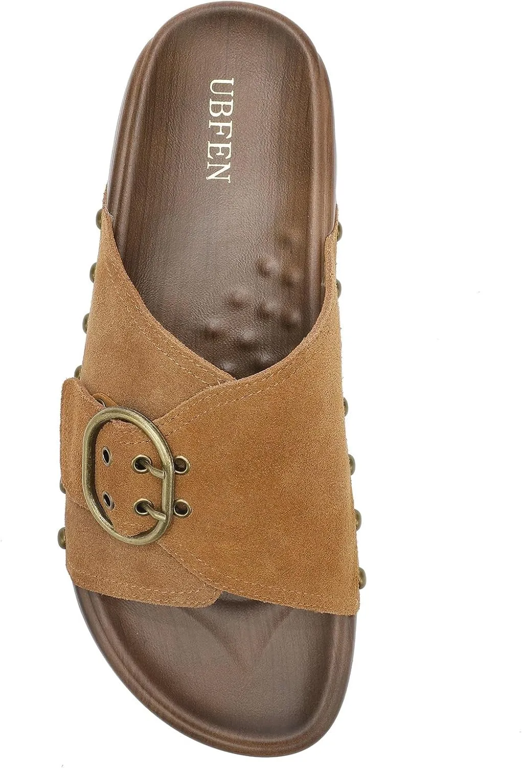 UBFEN Womens Platform Sandals Slides Genuine Leather Adjustable Buckle and Cushion Footbed Comfortable Slip On Retro Shoes