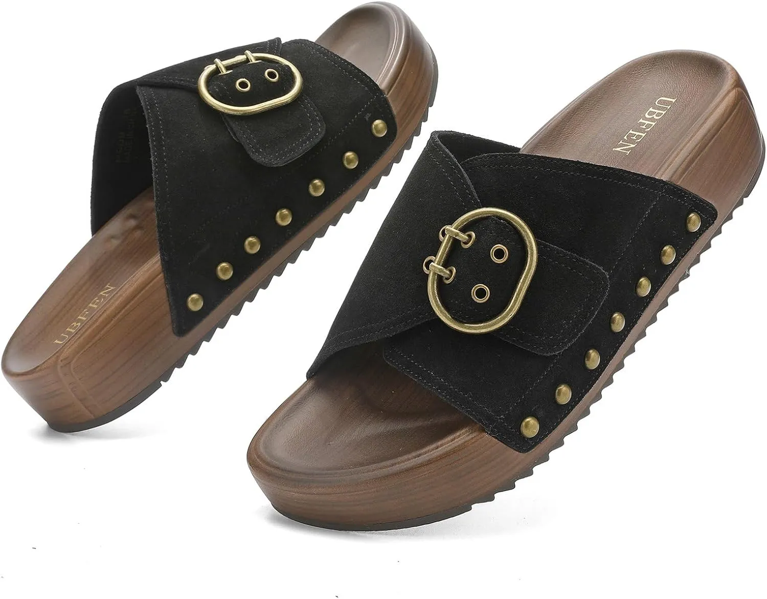 UBFEN Womens Platform Sandals Slides Genuine Leather Adjustable Buckle and Cushion Footbed Comfortable Slip On Retro Shoes