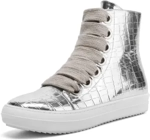 UBWDU Women’s Fashion High Top Sneakers Comfort Platform Wide Lace Up Crocodile Print PU Leather Walking Casual Shoes with Zipper
