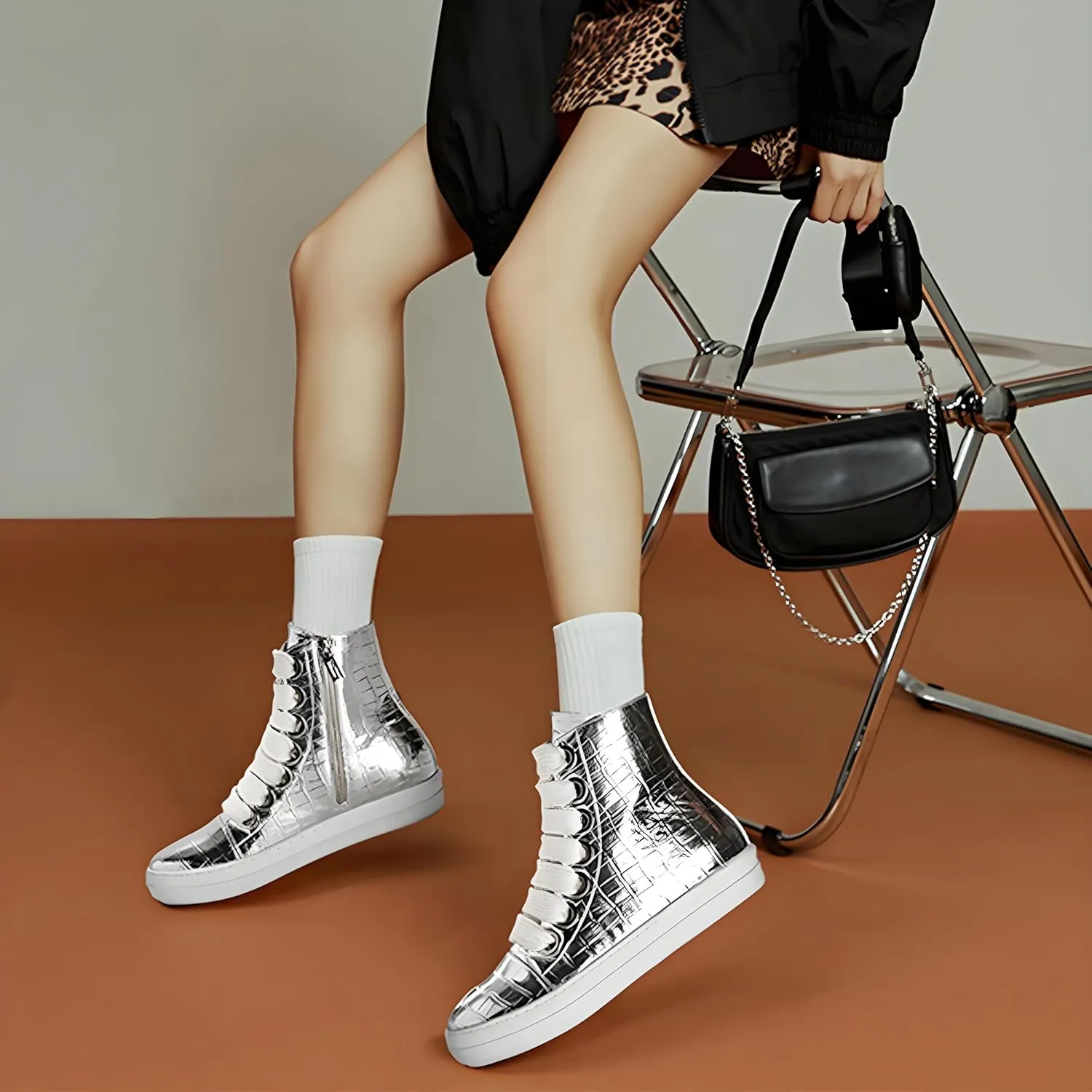 UBWDU Women’s Fashion High Top Sneakers Comfort Platform Wide Lace Up Crocodile Print PU Leather Walking Casual Shoes with Zipper