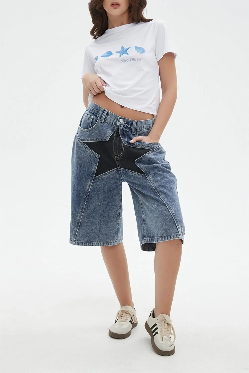 Unisex Y2k Jorts Women Baggy Star Denim Shorts Casual Patchwork Wide Leg Jeans Y2k Streetwear