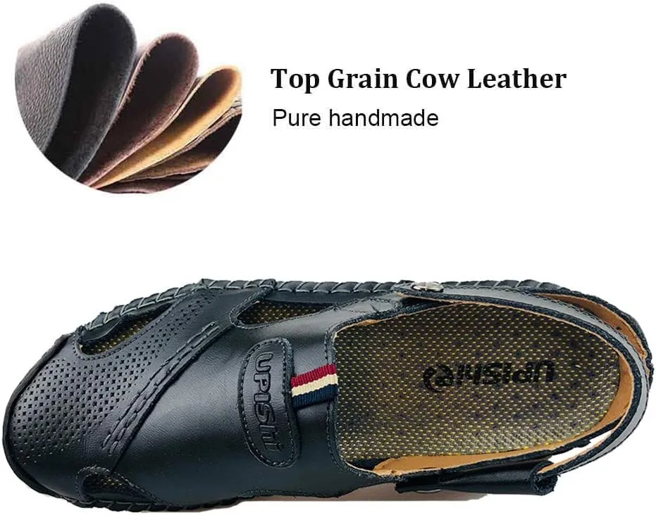 UPIShi Mens Closed Toe Casual Leather Strap Athletic Beach Outdoor Adjustable Sandals Fisherman Shoes