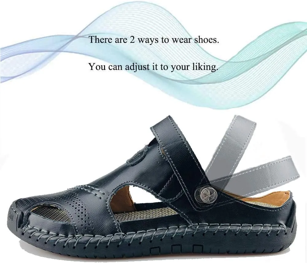 UPIShi Mens Closed Toe Casual Leather Strap Athletic Beach Outdoor Adjustable Sandals Fisherman Shoes