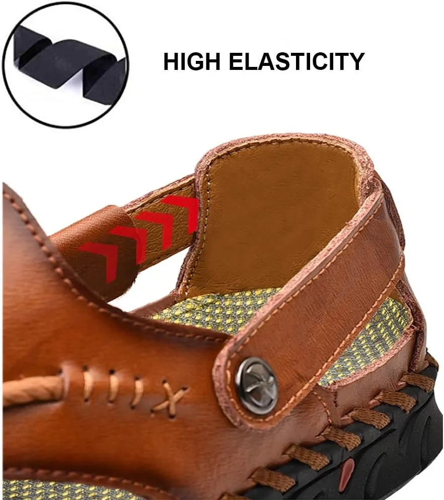 UPIShi Men's Closed Toe Leather Casual Fisherman Stitching Slippers Beach Summer Sandals