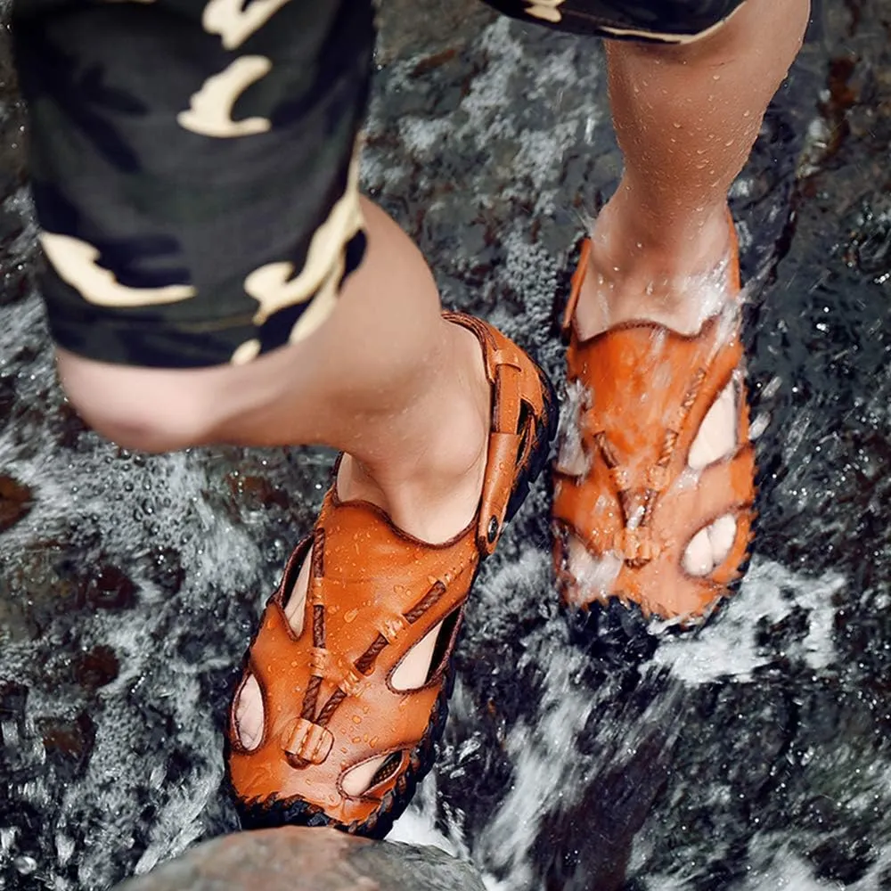 UPIShi Men's Closed Toe Leather Casual Fisherman Stitching Slippers Beach Summer Sandals