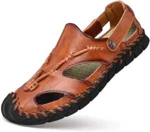 UPIShi Men's Closed Toe Leather Casual Fisherman Stitching Slippers Beach Summer Sandals