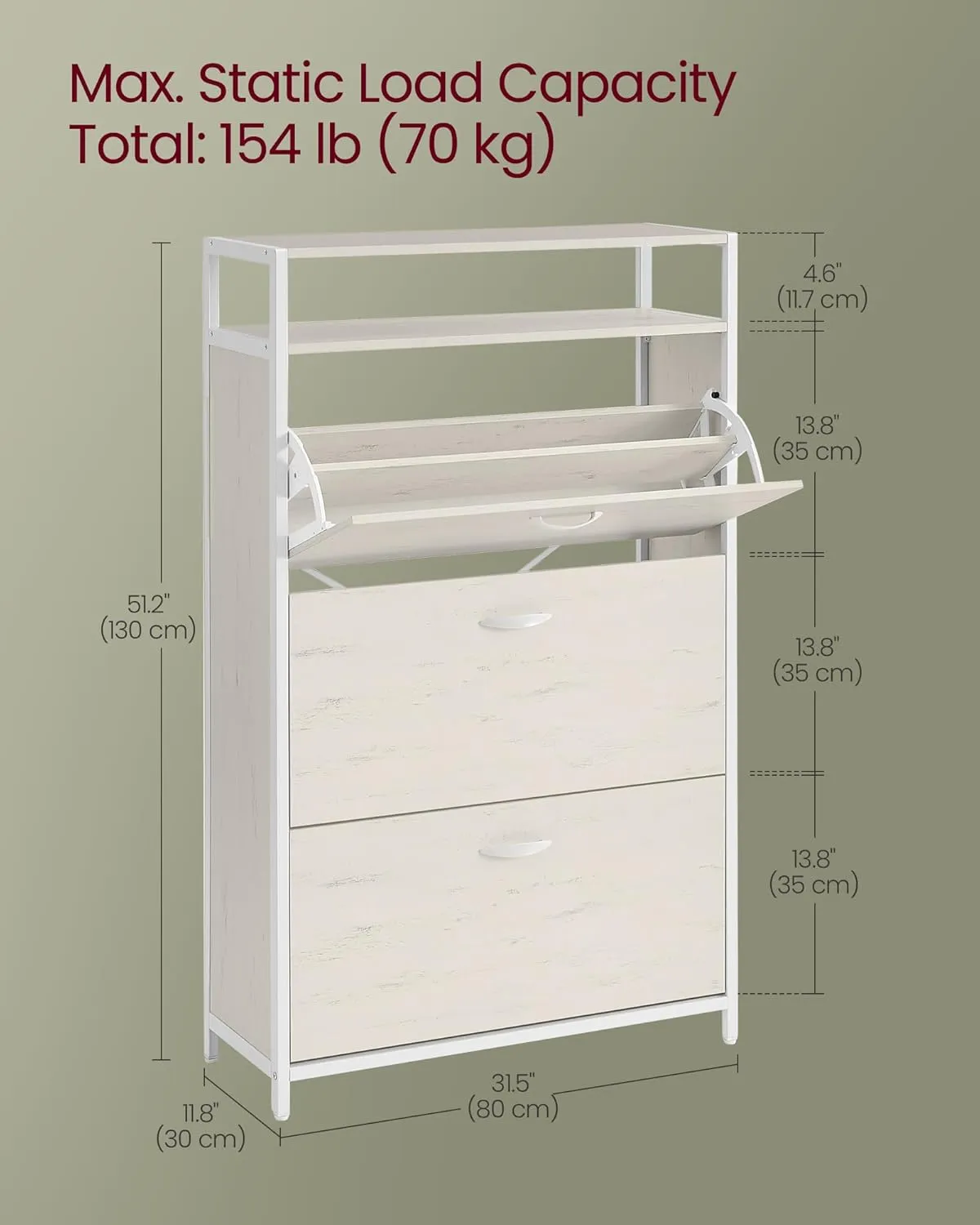 VASAGLE Shoe Cabinet with 3 Flip Drawers, Shoe Storage Cabinet, Asjustable and Removable Dividers, Holds 15-24 Pairs of Shoes, 11.8 x 31.5 x 51.2 Inches, Rustic White and Matte White ULBS802W01