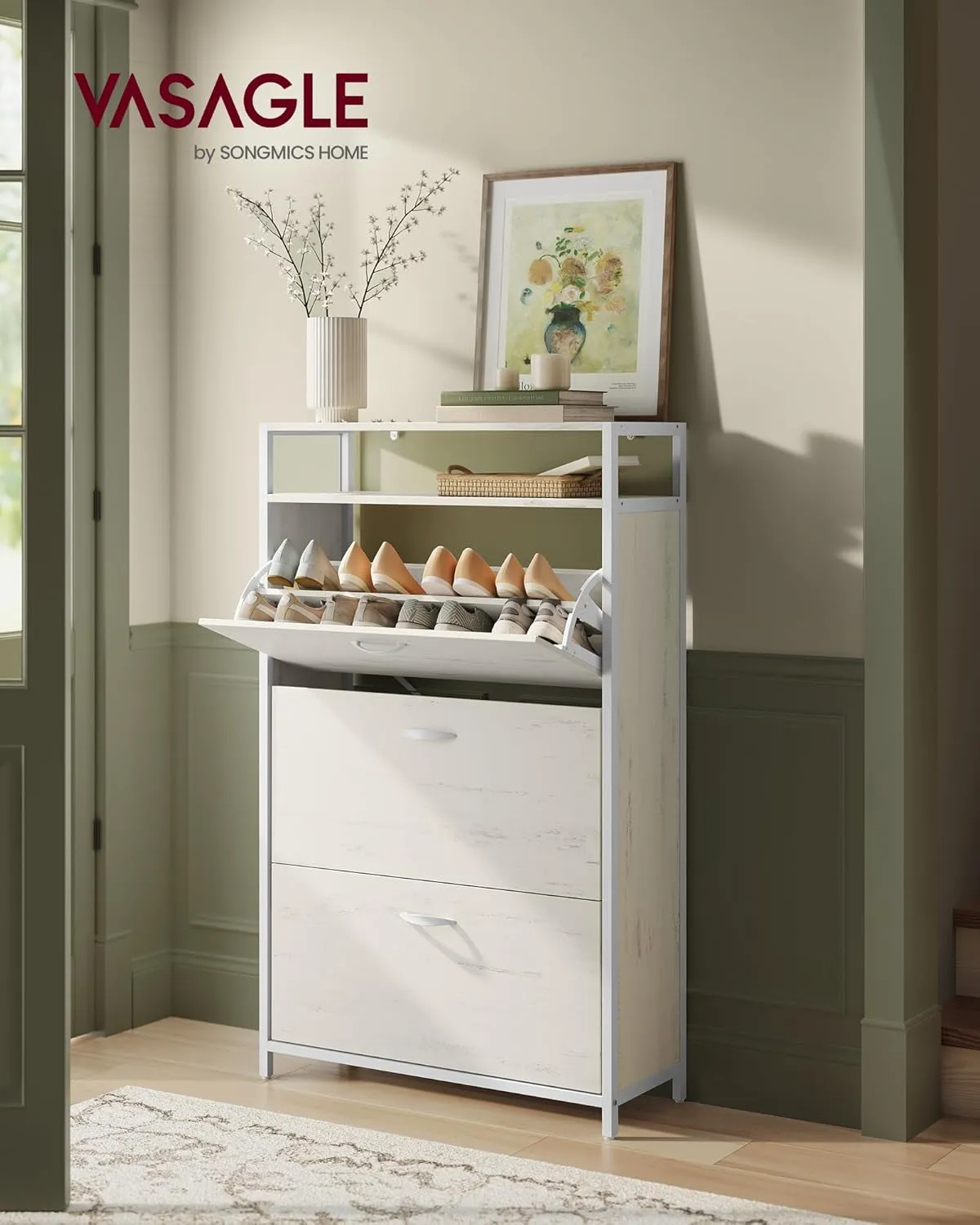 VASAGLE Shoe Cabinet with 3 Flip Drawers, Shoe Storage Cabinet, Asjustable and Removable Dividers, Holds 15-24 Pairs of Shoes, 11.8 x 31.5 x 51.2 Inches, Rustic White and Matte White ULBS802W01