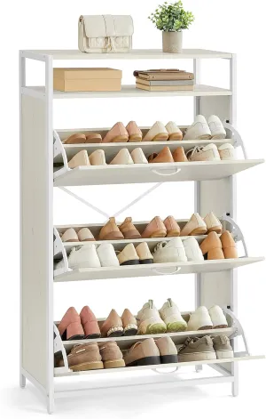 VASAGLE Shoe Cabinet with 3 Flip Drawers, Shoe Storage Cabinet, Asjustable and Removable Dividers, Holds 15-24 Pairs of Shoes, 11.8 x 31.5 x 51.2 Inches, Rustic White and Matte White ULBS802W01