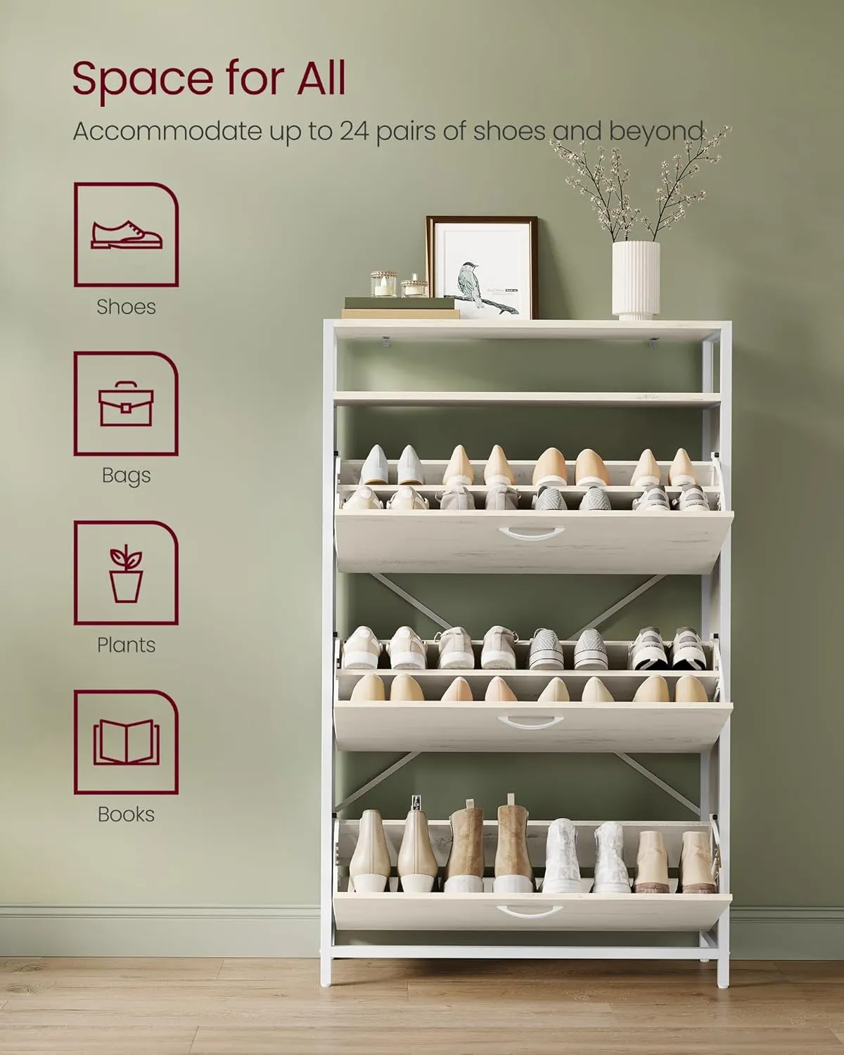 VASAGLE Shoe Cabinet with 3 Flip Drawers, Shoe Storage Cabinet, Asjustable and Removable Dividers, Holds 15-24 Pairs of Shoes, 11.8 x 31.5 x 51.2 Inches, Rustic White and Matte White ULBS802W01
