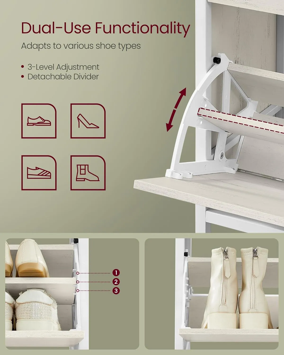VASAGLE Shoe Cabinet with 3 Flip Drawers, Shoe Storage Cabinet, Asjustable and Removable Dividers, Holds 15-24 Pairs of Shoes, 11.8 x 31.5 x 51.2 Inches, Rustic White and Matte White ULBS802W01