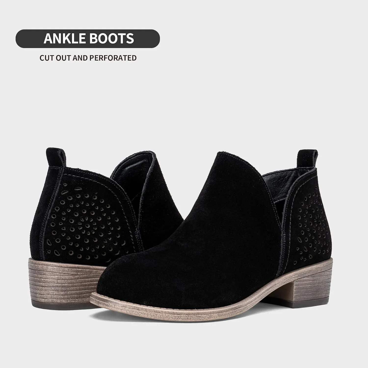 Vepose Women's Short Ankle Boots Low Heel, Western Cutout Perforated Booties