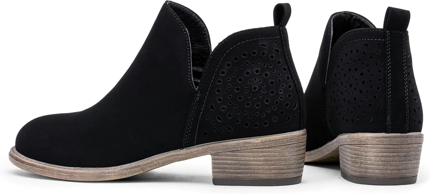 Vepose Women's Short Ankle Boots Low Heel, Western Cutout Perforated Booties