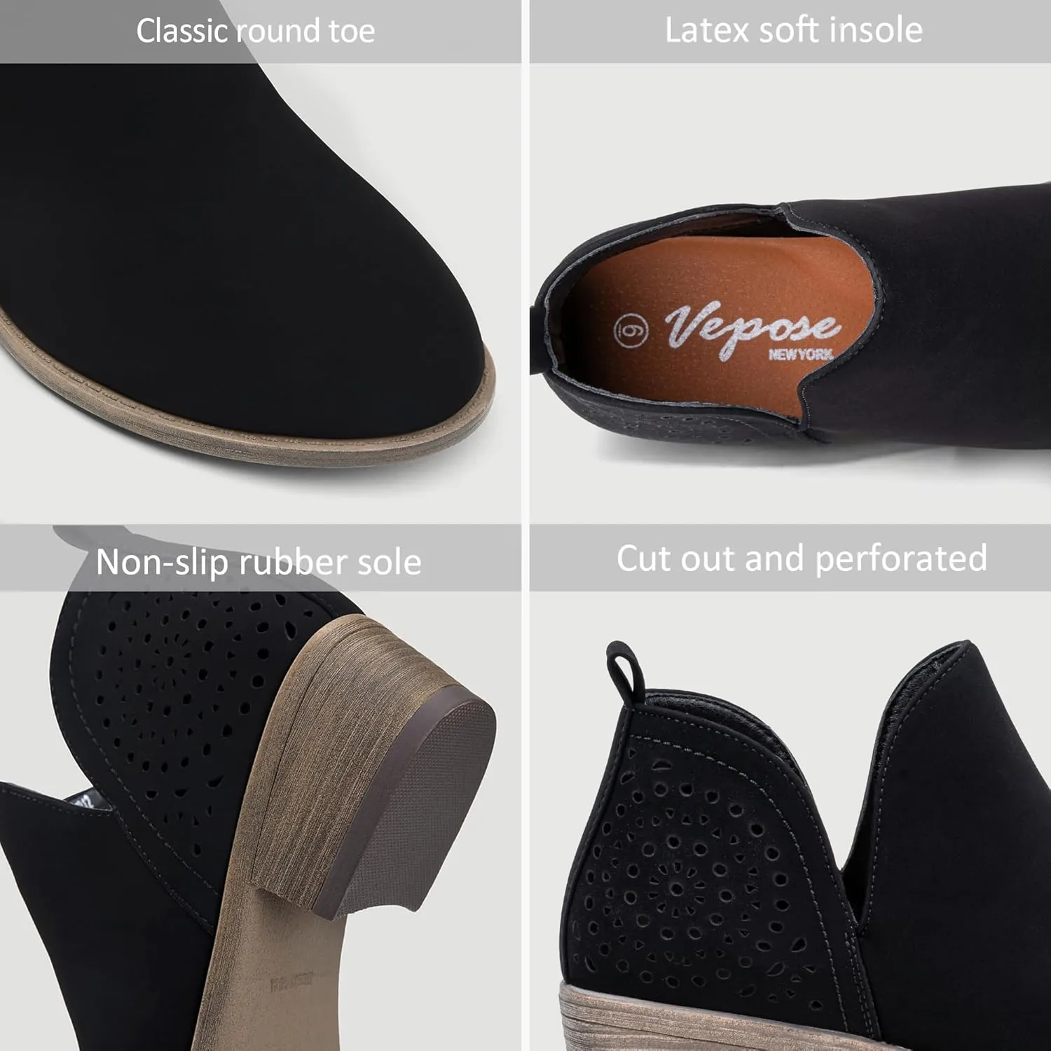 Vepose Women's Short Ankle Boots Low Heel, Western Cutout Perforated Booties