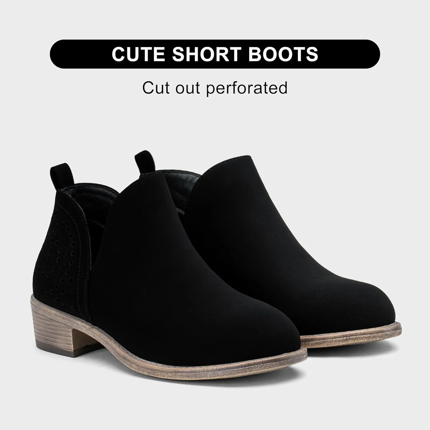 Vepose Women's Short Ankle Boots Low Heel, Western Cutout Perforated Booties