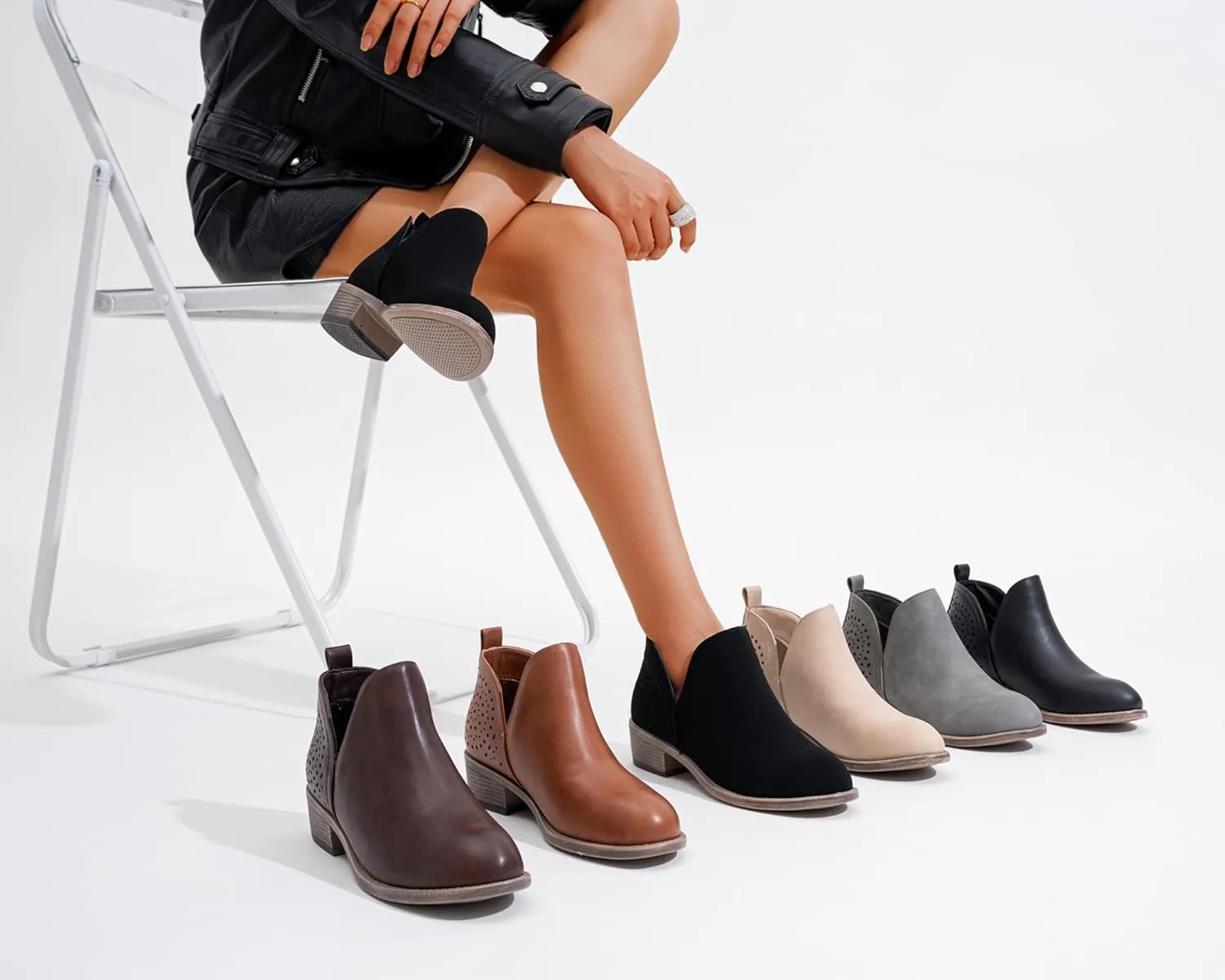 Vepose Women's Short Ankle Boots Low Heel, Western Cutout Perforated Booties