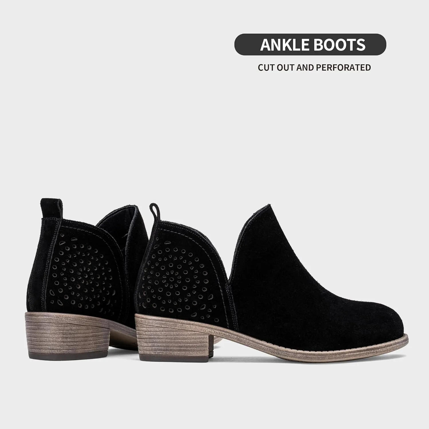 Vepose Women's Short Ankle Boots Low Heel, Western Cutout Perforated Booties