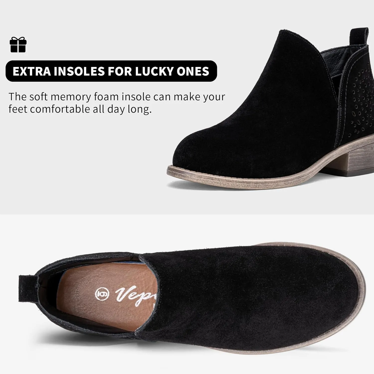Vepose Women's Short Ankle Boots Low Heel, Western Cutout Perforated Booties