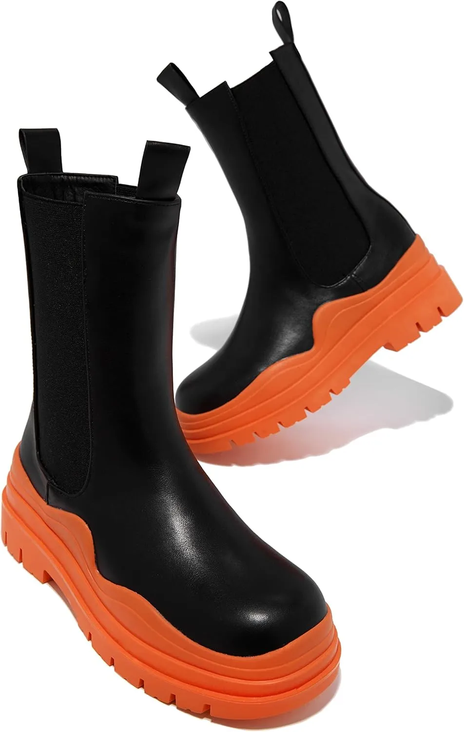 Vertundy Women's Chelsea Ankle Boots Slip On Mid Calf Chunky Platform Comfortable Pull-on Booties