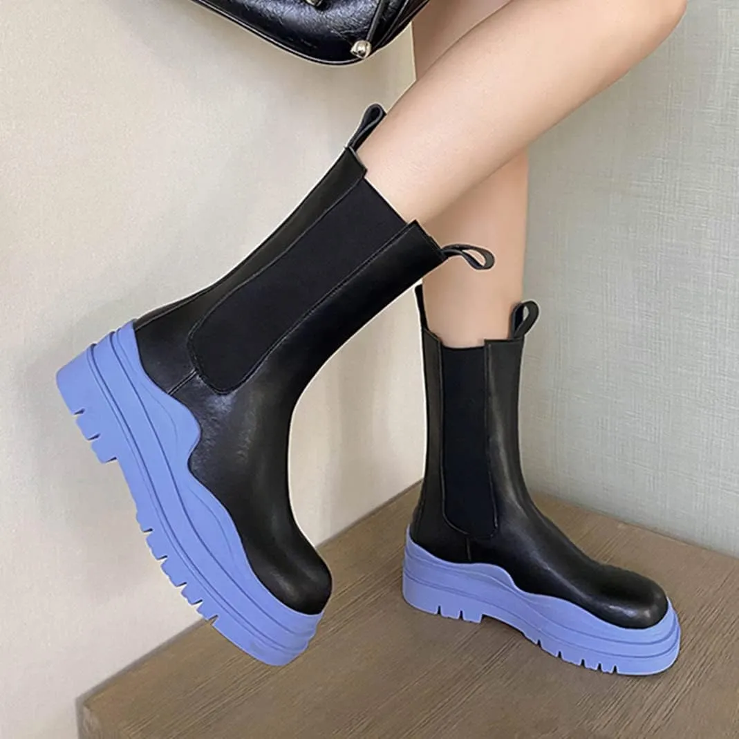 Vertundy Women's Chelsea Ankle Boots Slip On Mid Calf Chunky Platform Comfortable Pull-on Booties