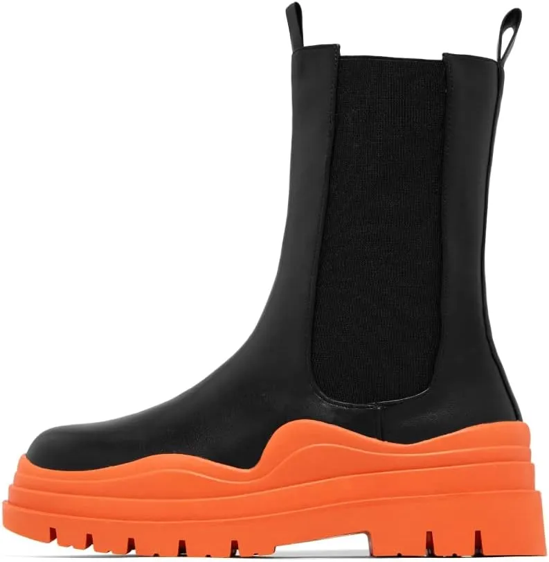 Vertundy Women's Chelsea Ankle Boots Slip On Mid Calf Chunky Platform Comfortable Pull-on Booties