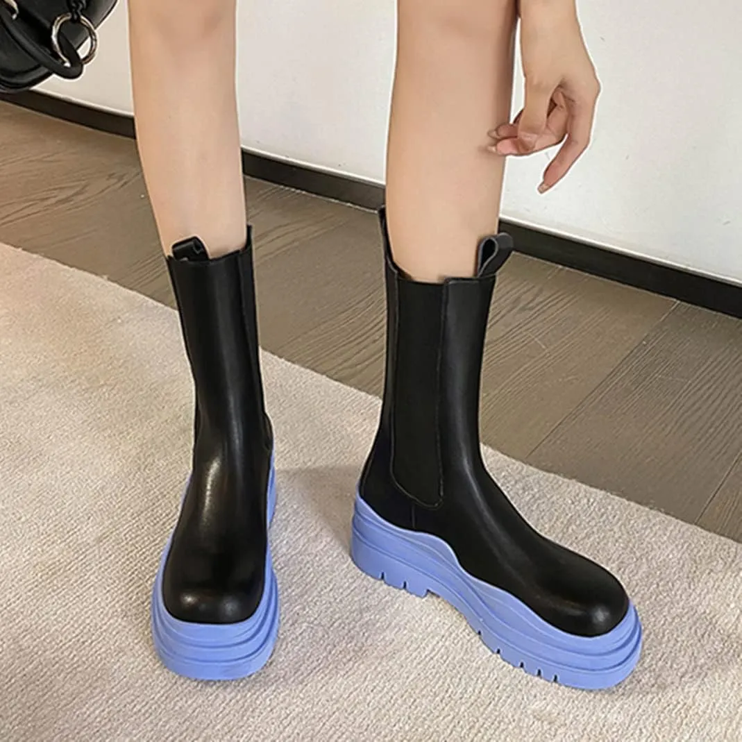 Vertundy Women's Chelsea Ankle Boots Slip On Mid Calf Chunky Platform Comfortable Pull-on Booties