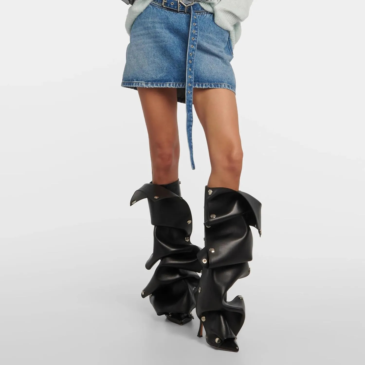 Vertundy Women's Denim boots With Zipper Silver Buttons Fall Slouchy Knee High Boot Pointed Toe Wood Stiletto Heel Fashion Boots DIY Fold Over Boots With Metal Snap Buttons Size 5-11US