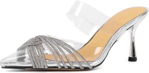 Vertundy Women's Rhinestone Heeled Pumps - Clear PVC Stiletto Heel Slide Sandals Crystal Pointed Toe Slip-on Backless Mules for Bride Dress Shoes