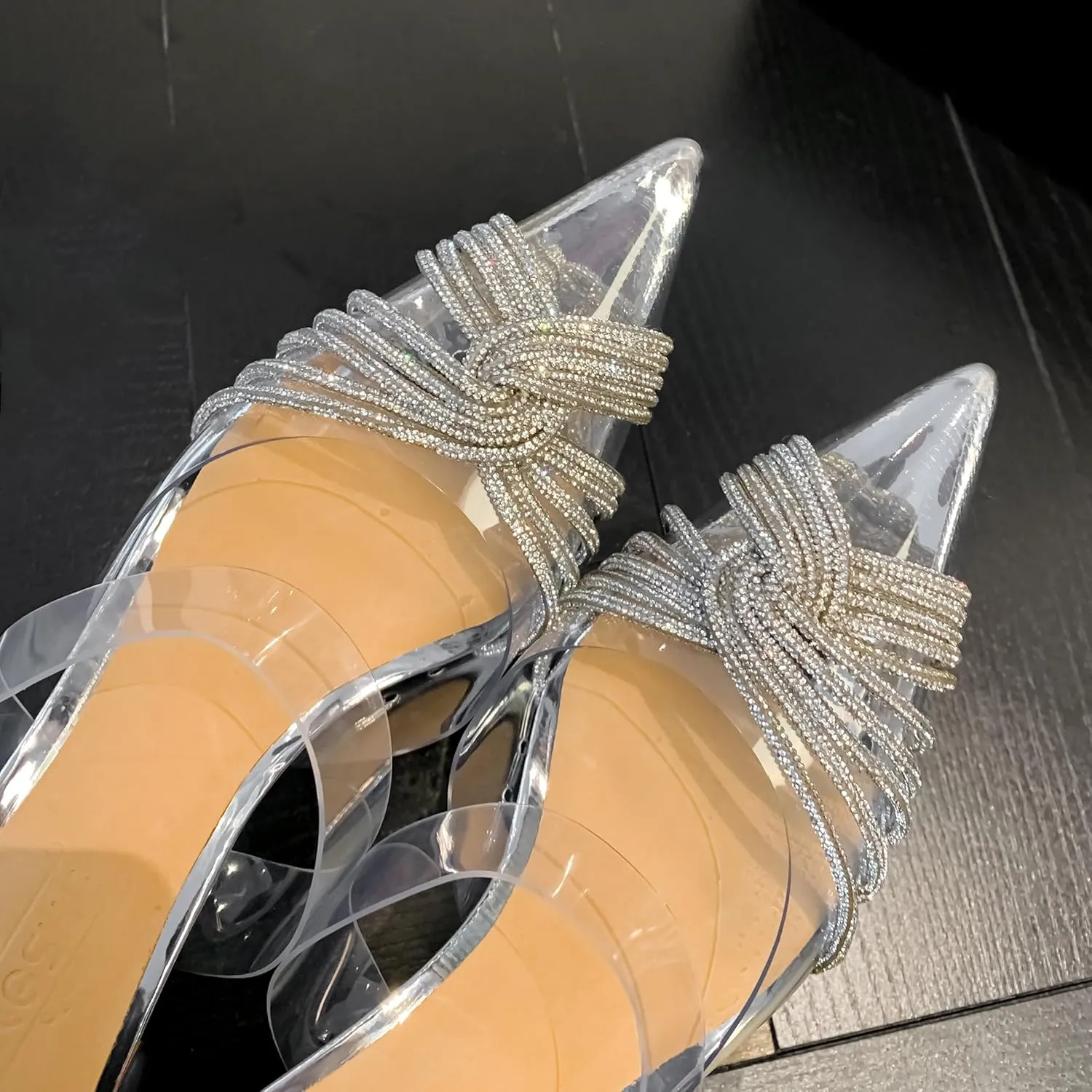 Vertundy Women's Rhinestone Heeled Pumps - Clear PVC Stiletto Heel Slide Sandals Crystal Pointed Toe Slip-on Backless Mules for Bride Dress Shoes