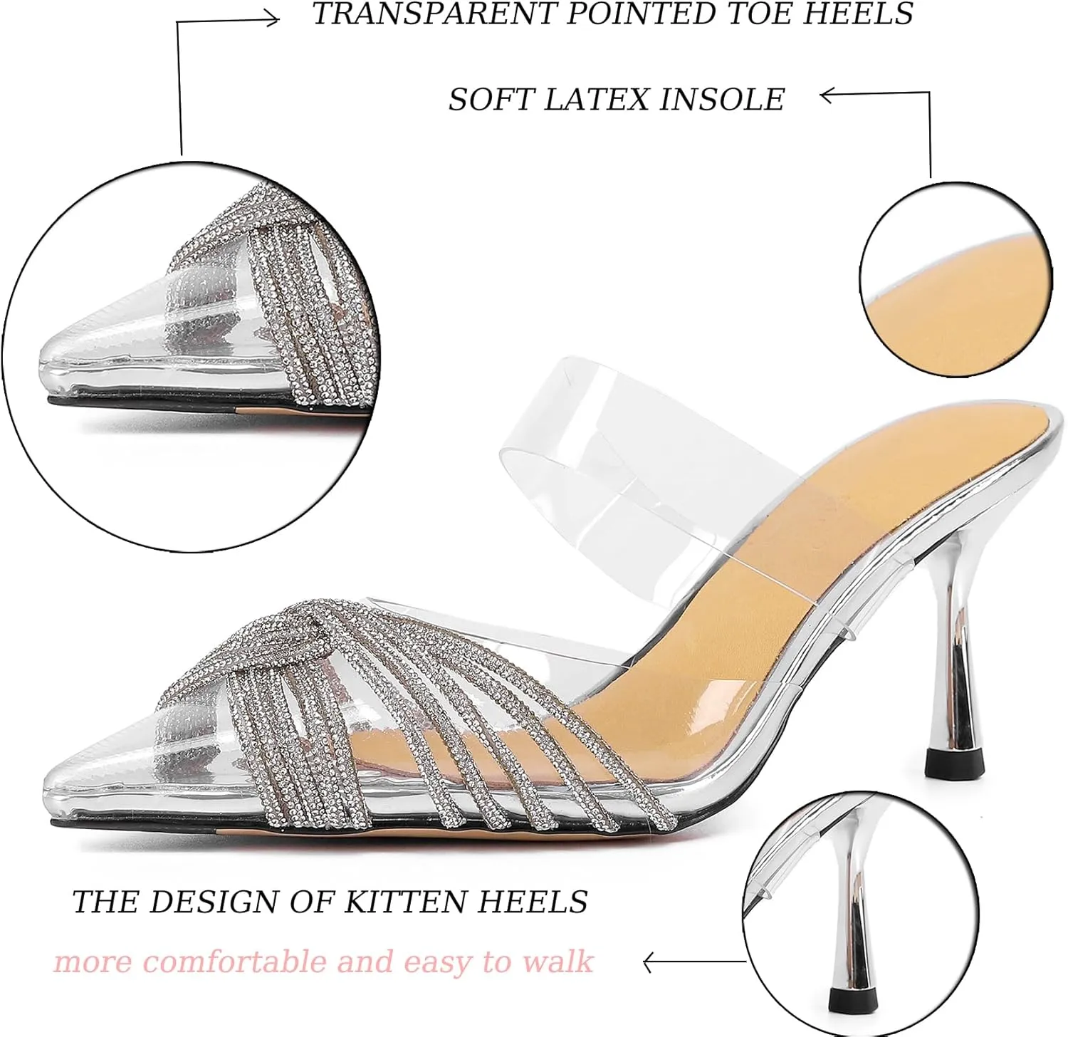 Vertundy Women's Rhinestone Heeled Pumps - Clear PVC Stiletto Heel Slide Sandals Crystal Pointed Toe Slip-on Backless Mules for Bride Dress Shoes