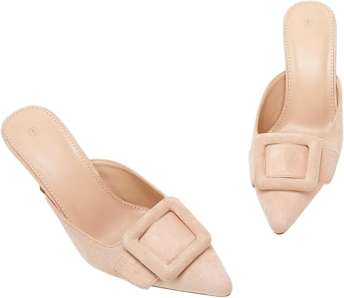VETASTE Women's Heeled Mules Pointed Toe Suede Buckle Slip On Sandals Kitten Heels Party Wedding Shoes