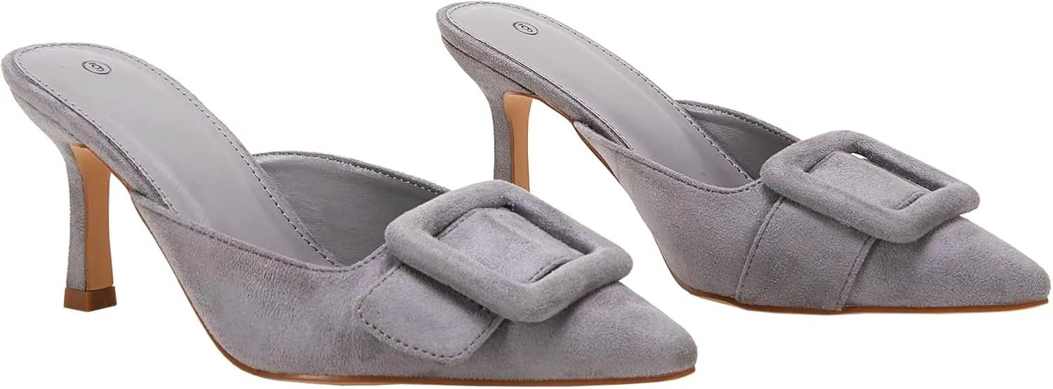 VETASTE Women's Heeled Mules Pointed Toe Suede Buckle Slip On Sandals Kitten Heels Party Wedding Shoes