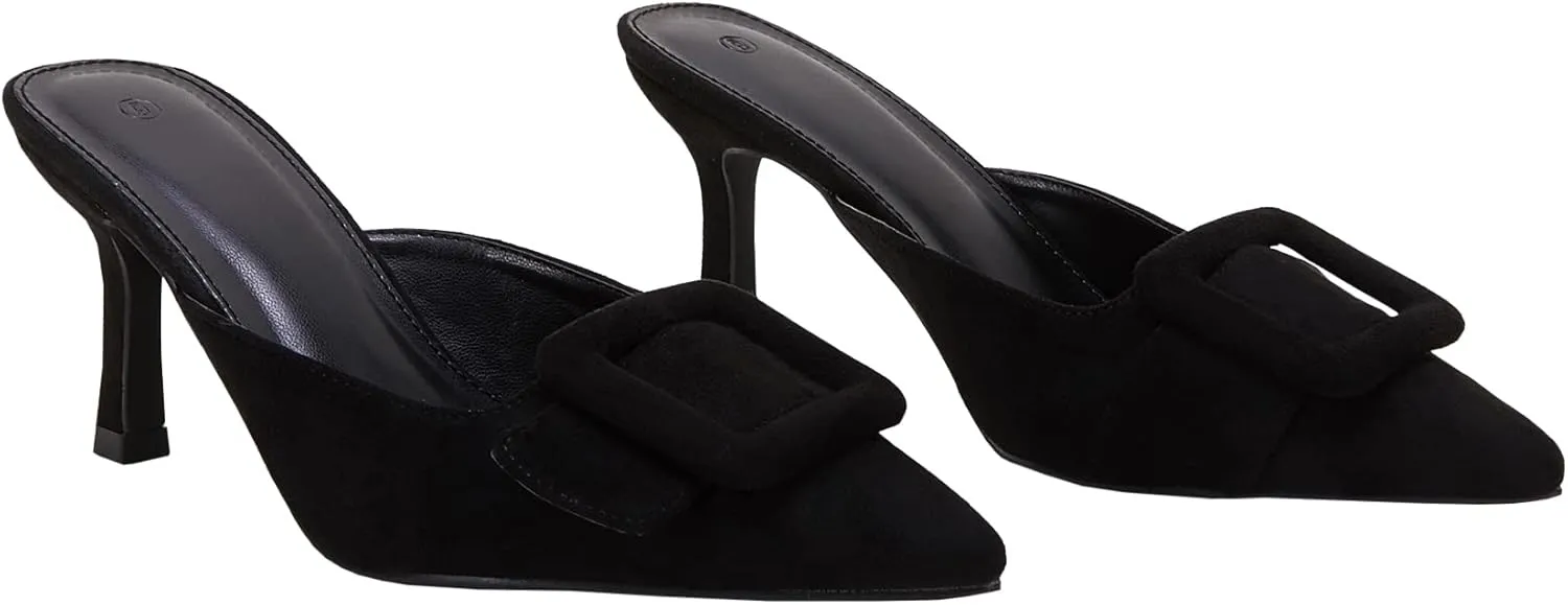 VETASTE Women's Heeled Mules Pointed Toe Suede Buckle Slip On Sandals Kitten Heels Party Wedding Shoes