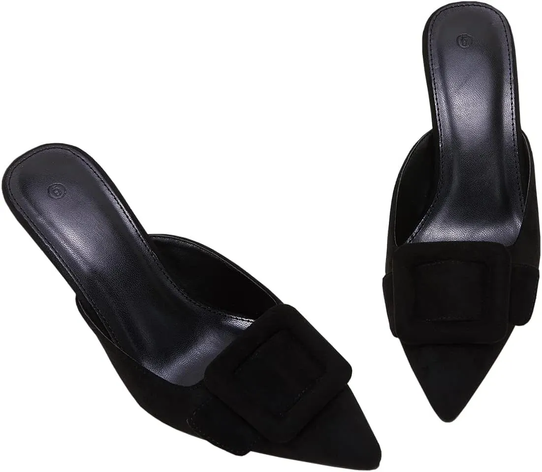 VETASTE Women's Heeled Mules Pointed Toe Suede Buckle Slip On Sandals Kitten Heels Party Wedding Shoes