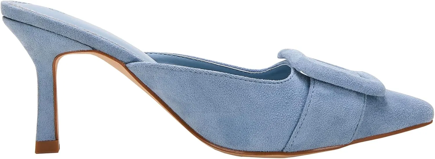 VETASTE Women's Heeled Mules Pointed Toe Suede Buckle Slip On Sandals Kitten Heels Party Wedding Shoes