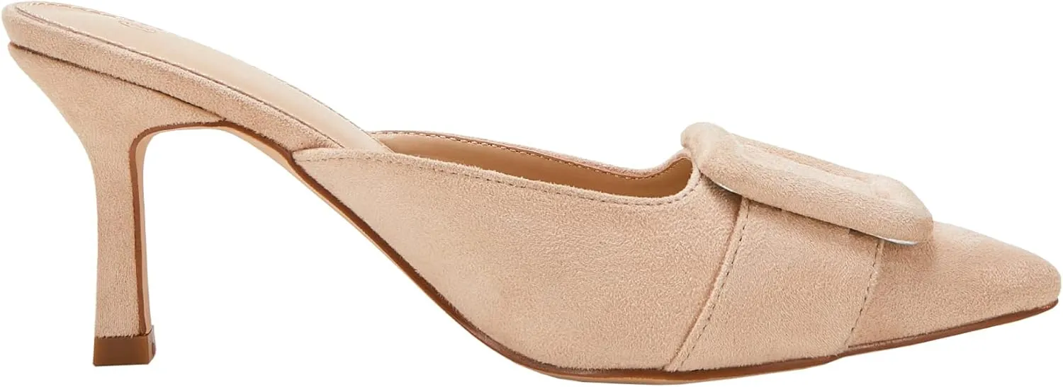 VETASTE Women's Heeled Mules Pointed Toe Suede Buckle Slip On Sandals Kitten Heels Party Wedding Shoes
