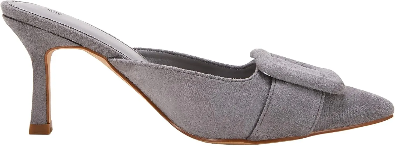 VETASTE Women's Heeled Mules Pointed Toe Suede Buckle Slip On Sandals Kitten Heels Party Wedding Shoes
