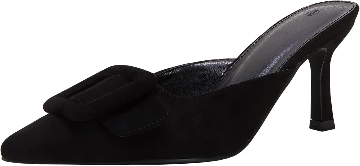 VETASTE Women's Heeled Mules Pointed Toe Suede Buckle Slip On Sandals Kitten Heels Party Wedding Shoes